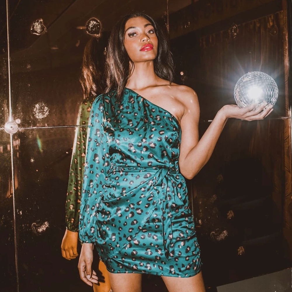 Green leopard one shoulder dress